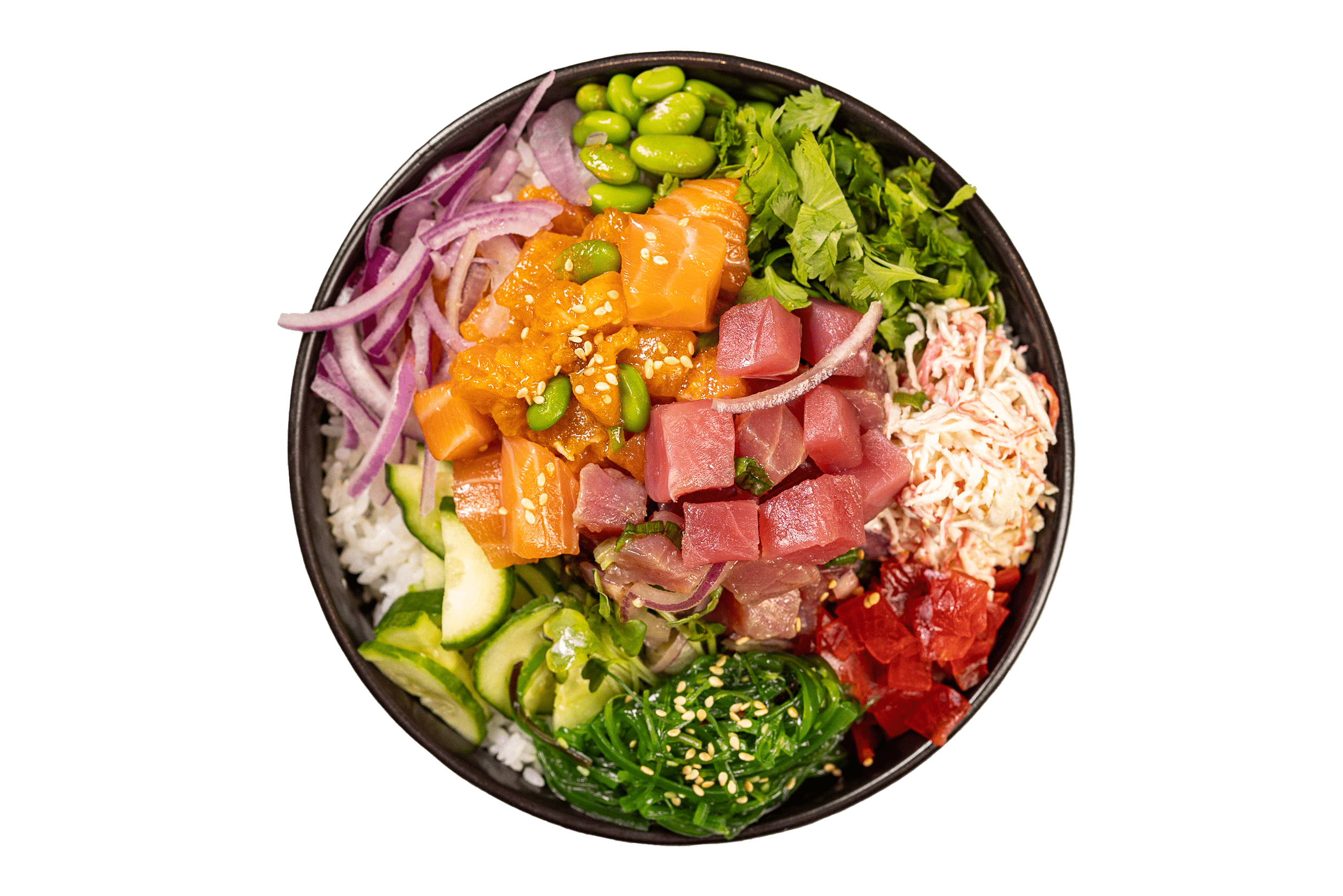 A black bowl with tuna, cucumbers and onions.