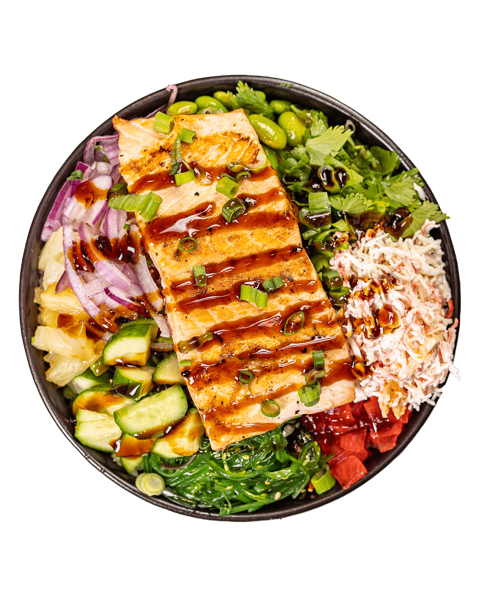 A black bowl with a salad and vegetables in it.