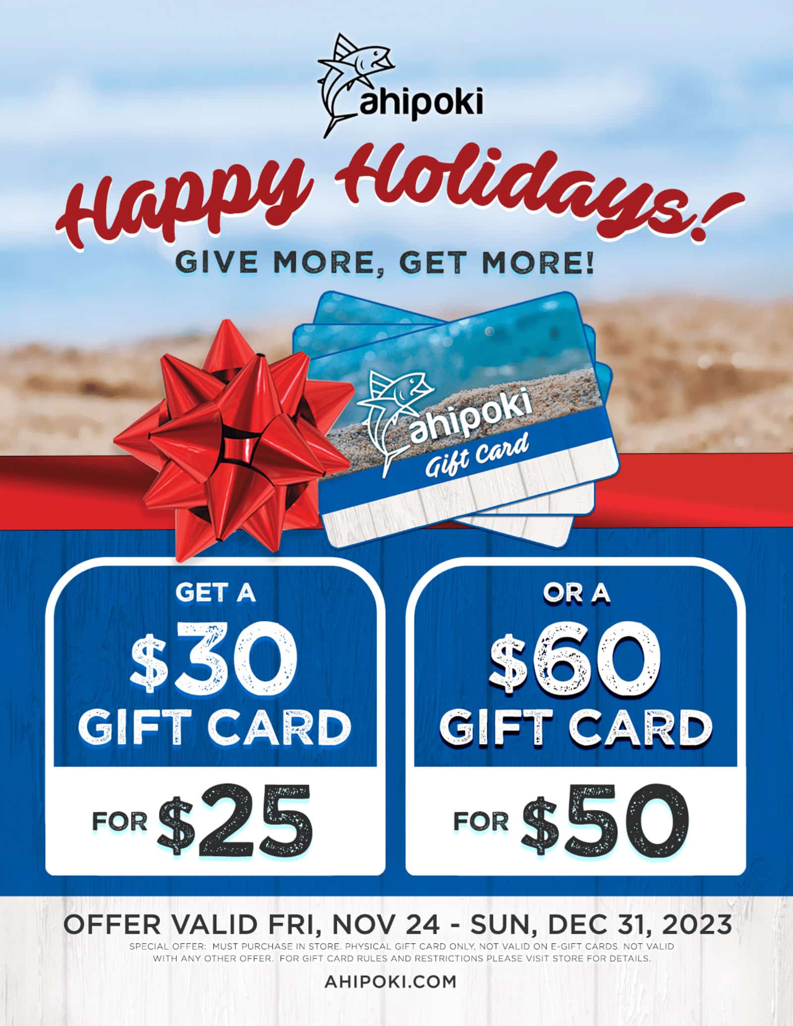 A happy holidays flyer with a 50 dollar gift card.